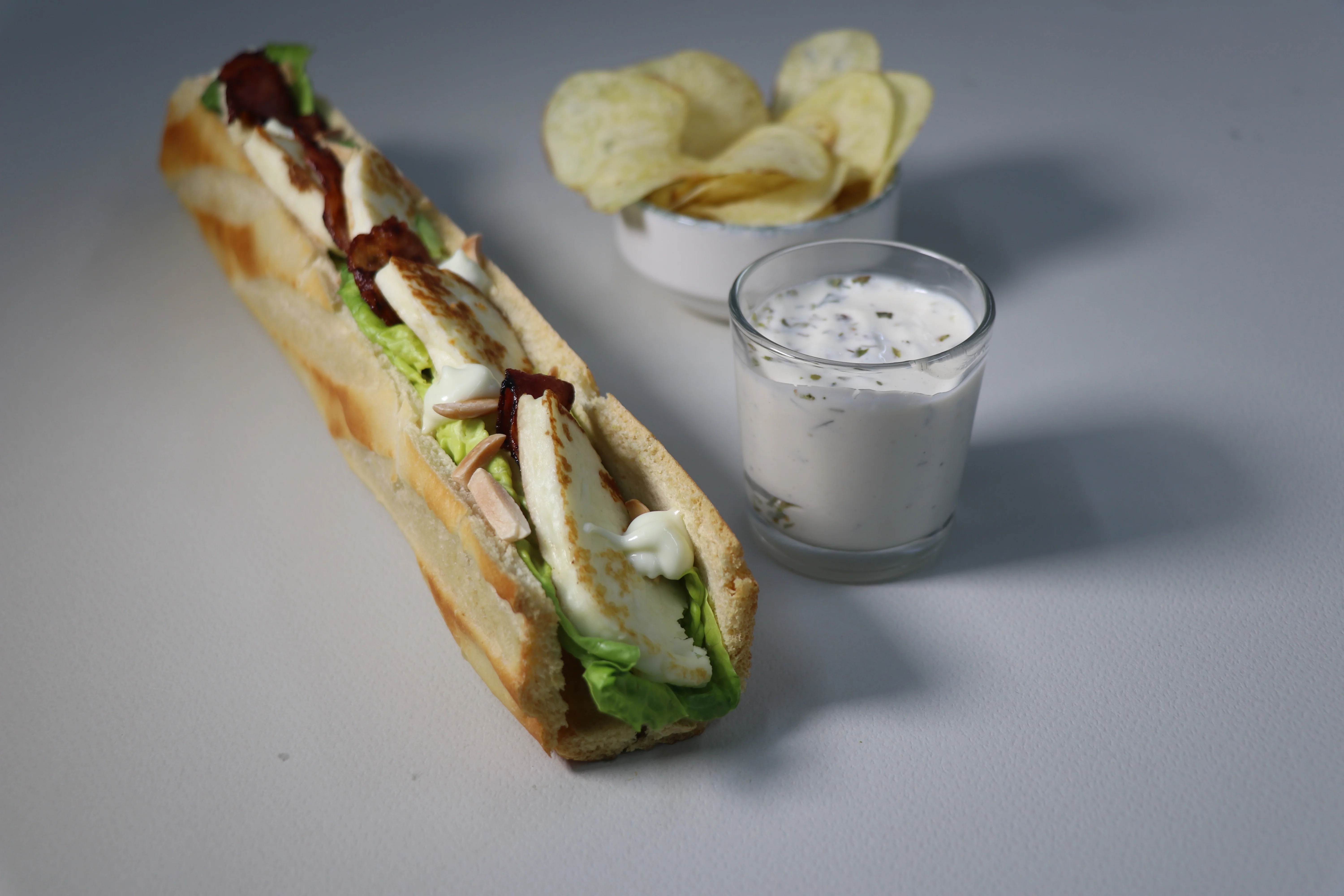 Miette's artisan flûte baguette with signature French filling and house-made dip