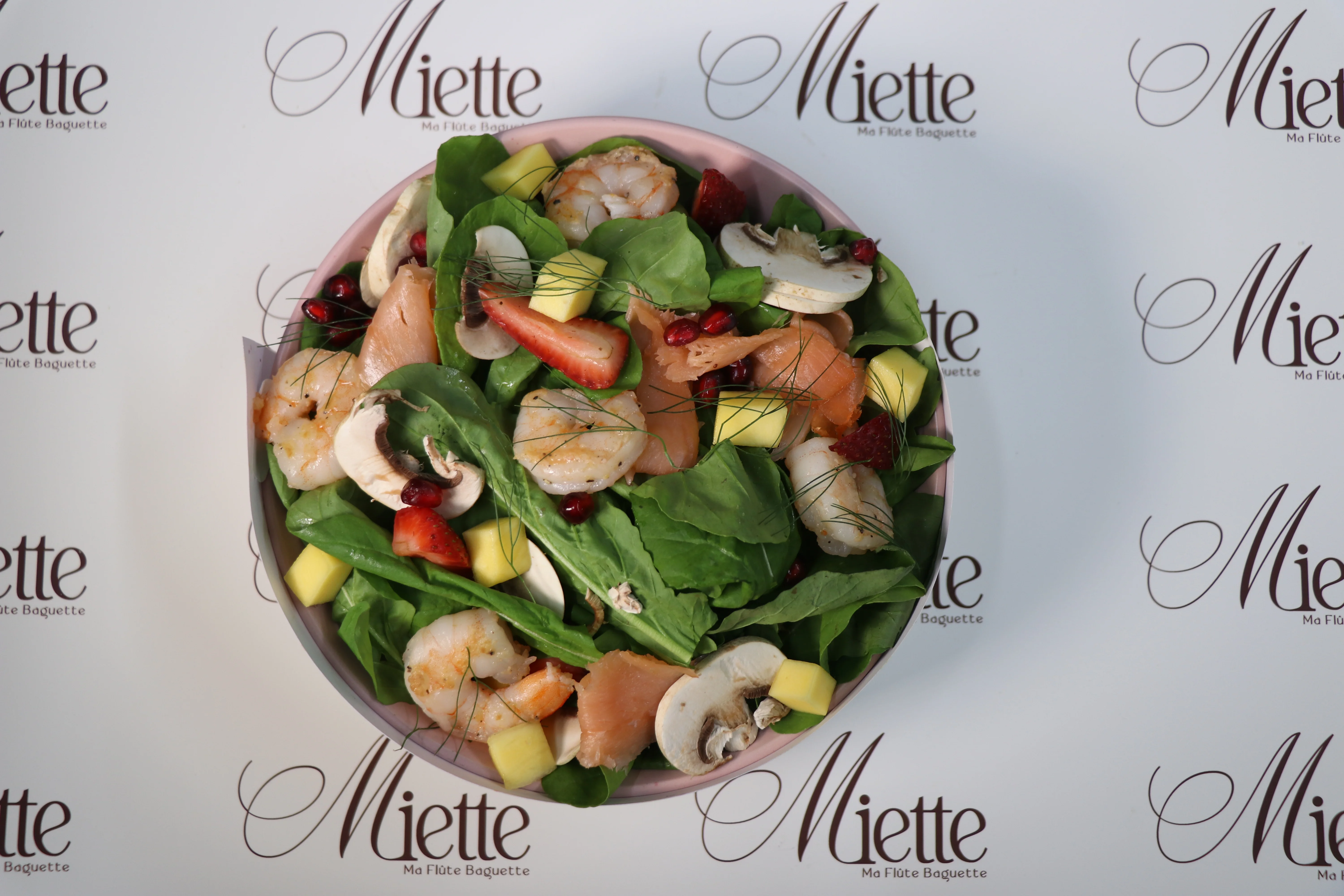 Fresh Mediterranean shrimp salad with organic vegetables and house dressing from Miette Restaurant